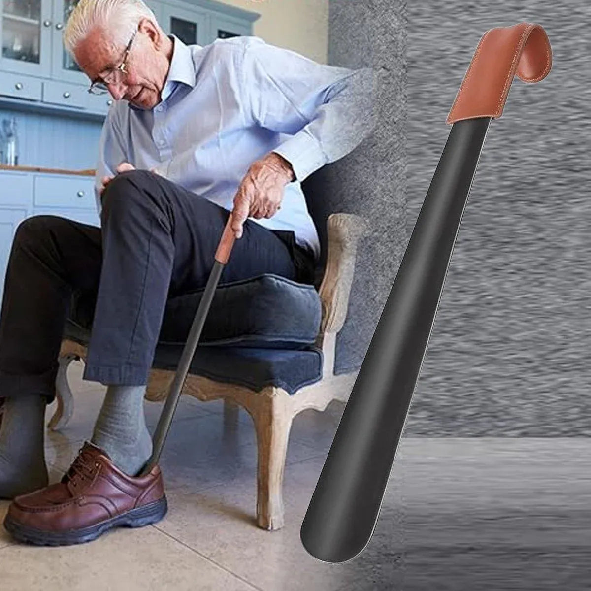 Long Handle Shoe Horn 42 cm Black with Brown Handle Sleeve, 1 Piece