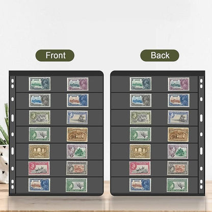 10 Pcs Stamp Album Refill Pages, Double Sided Black 7-Strip Sheets with 9 Holes