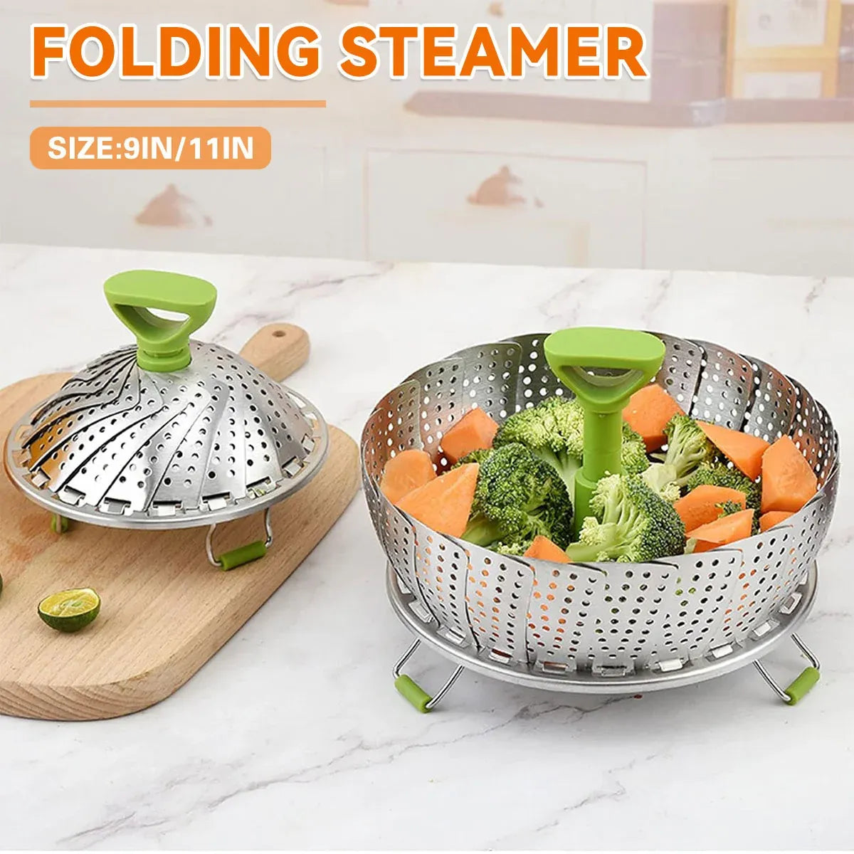Folding Stainless Steel Steamer Basket Expandable Safe Durable Easy To Use - 11in