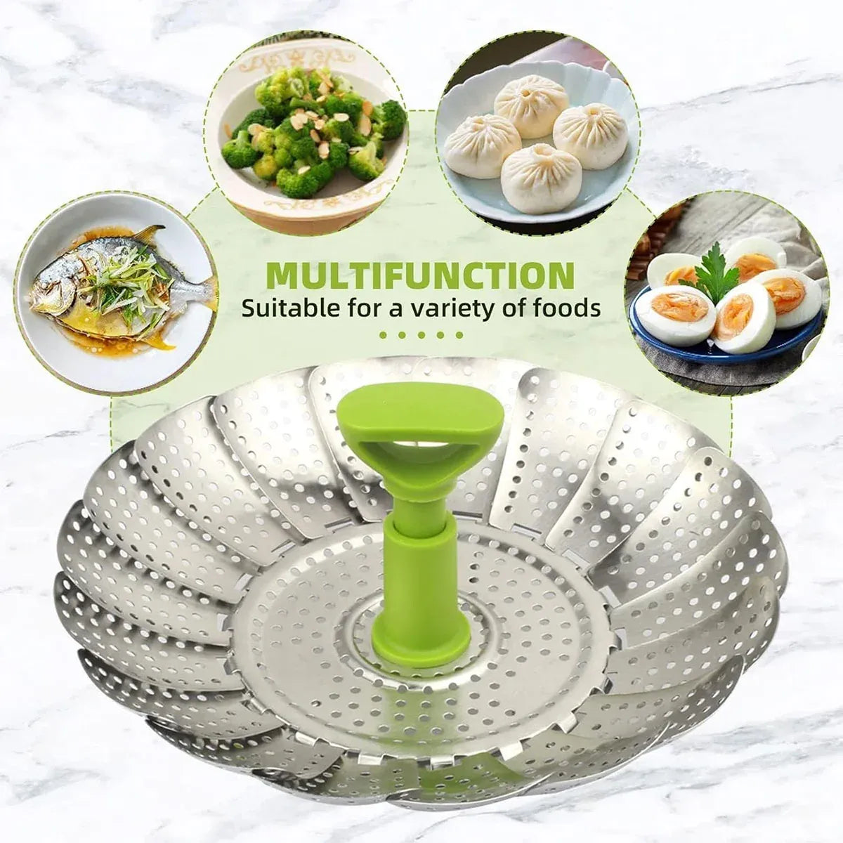 Folding Stainless Steel Steamer Basket Expandable Safe Durable Easy To Use - 11in