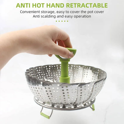 Folding Stainless Steel Steamer Basket Expandable Safe Durable Easy To Use - 11in