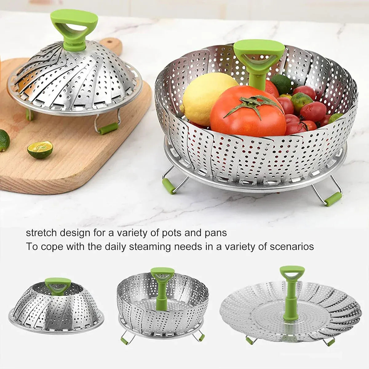 Folding Stainless Steel Steamer Basket Expandable Safe Durable Easy To Use - 11in