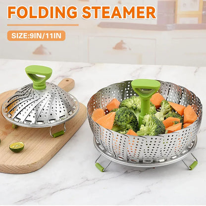 Folding Stainless Steel Steamer Basket Expandable Safe Durable Easy To Use - 9in