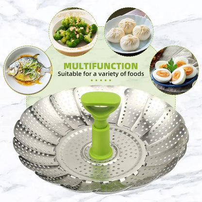 Folding Stainless Steel Steamer Basket Expandable Safe Durable Easy To Use - 9in