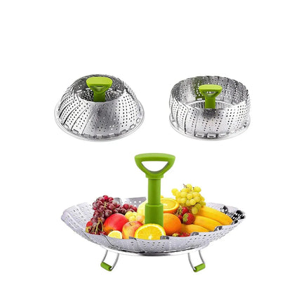 Folding Stainless Steel Steamer Basket Expandable Safe Durable Easy To Use - 9in