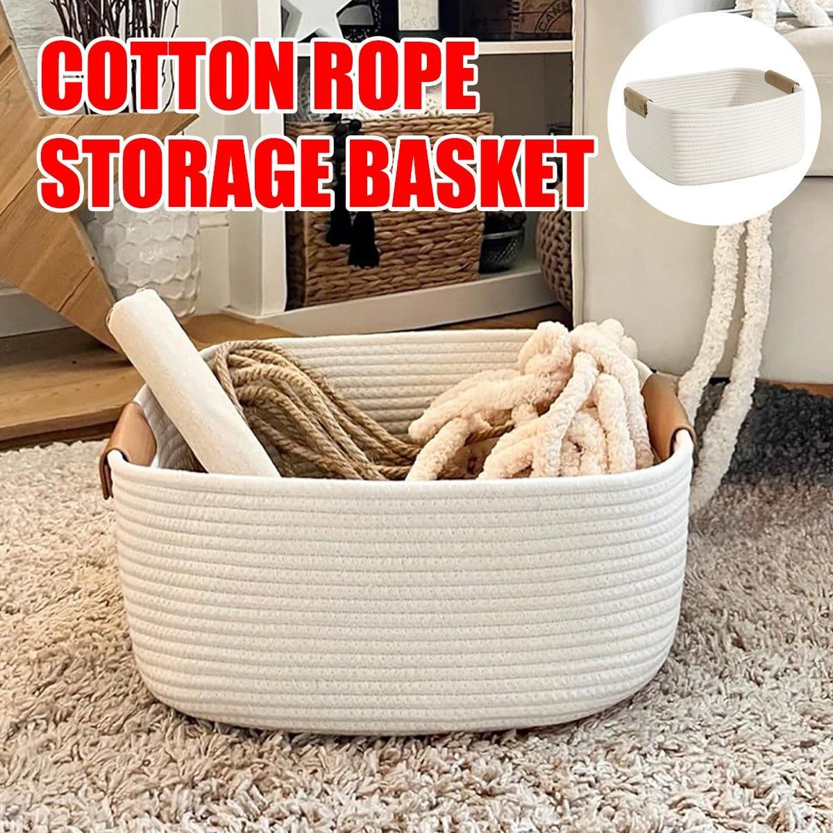 1-Piece White Cotton Rope Storage Basket with Handles