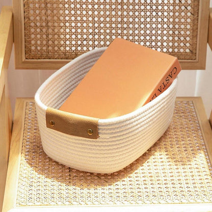 1-Piece White Cotton Rope Storage Basket with Handles