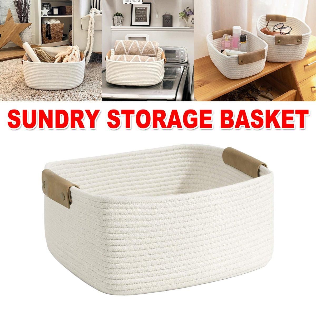1-Piece White Cotton Rope Storage Basket with Handles