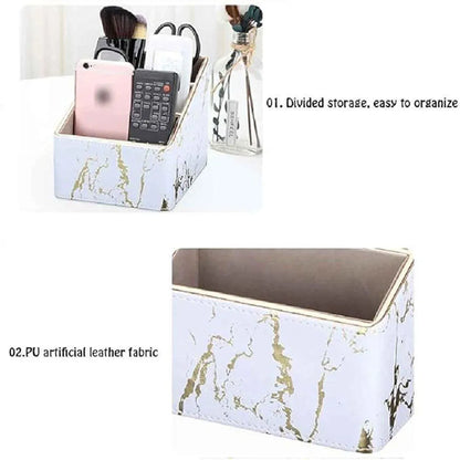 1-Piece White Marble-Pattern Three-Compartment Desktop Organiser
