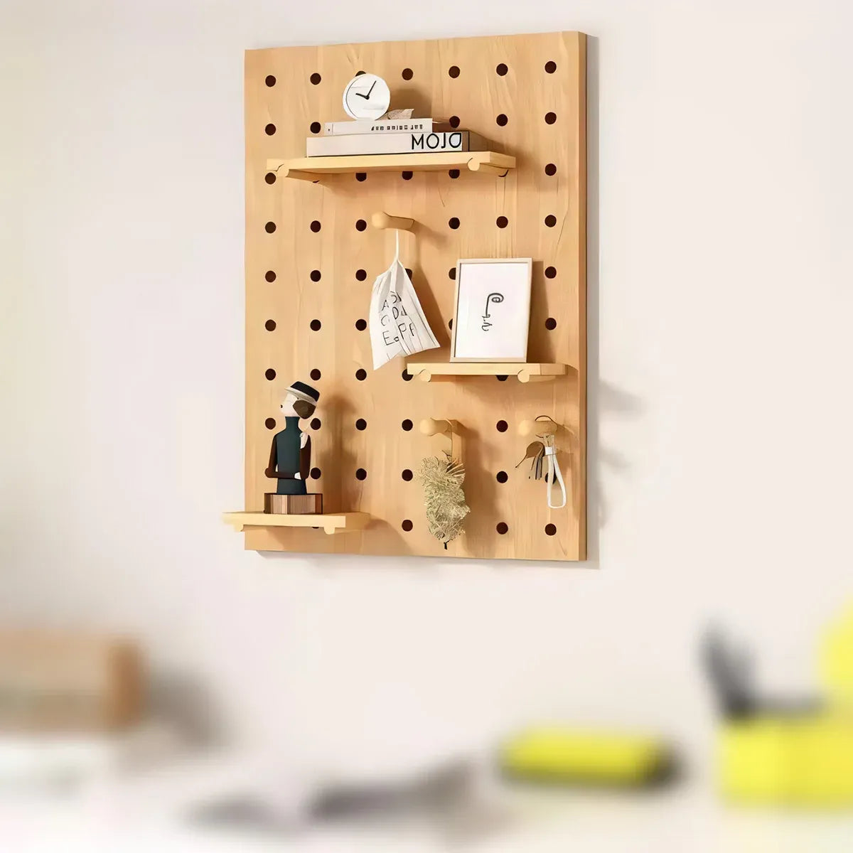 Wooden Pegboard Wall Mounted Organizer Hanging Shelf for Home Living Room Use