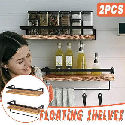 2-Piece Floating Wall Shelf Set with Towel Rails, Light Brown