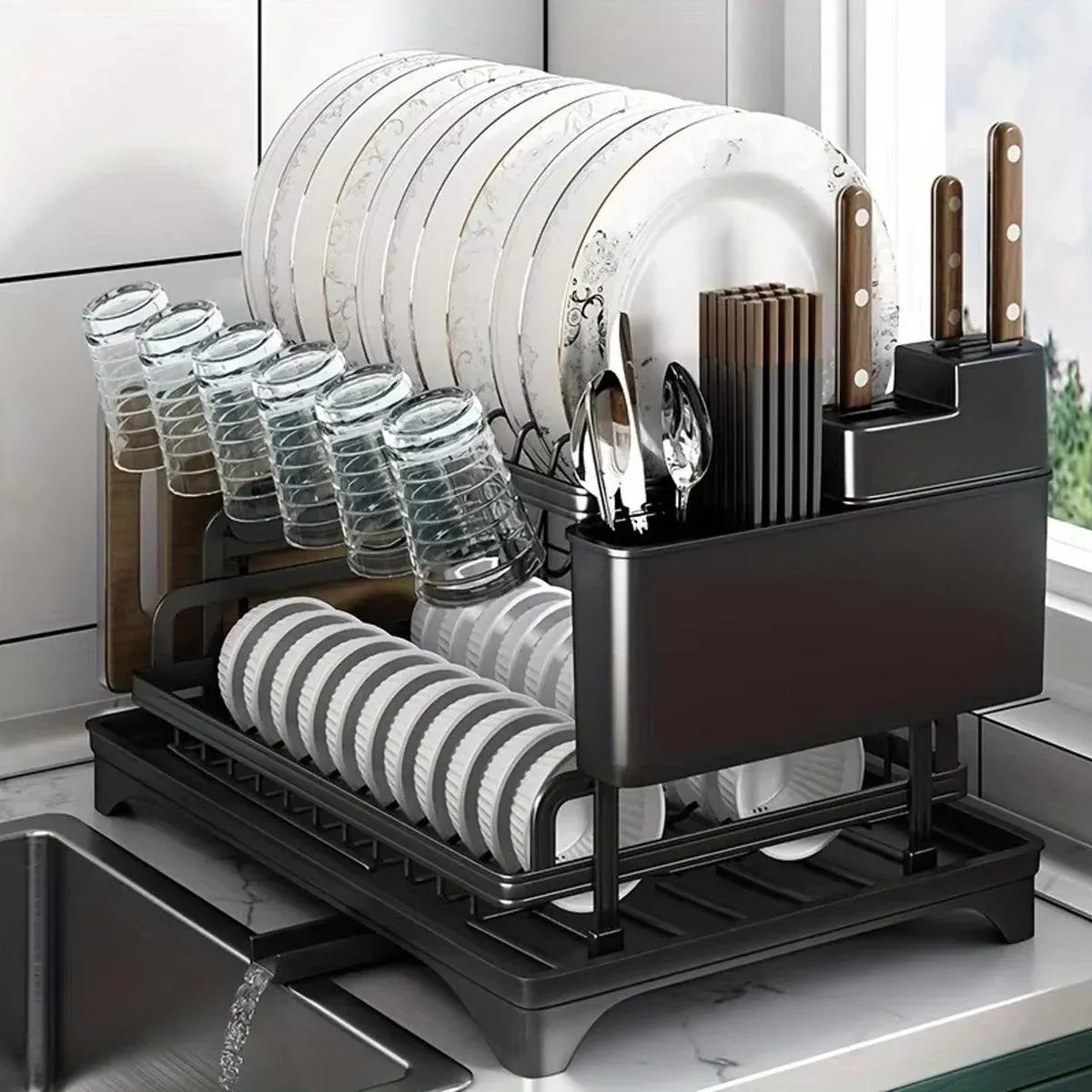 1-Piece Black Dish Drying and Storage Rack