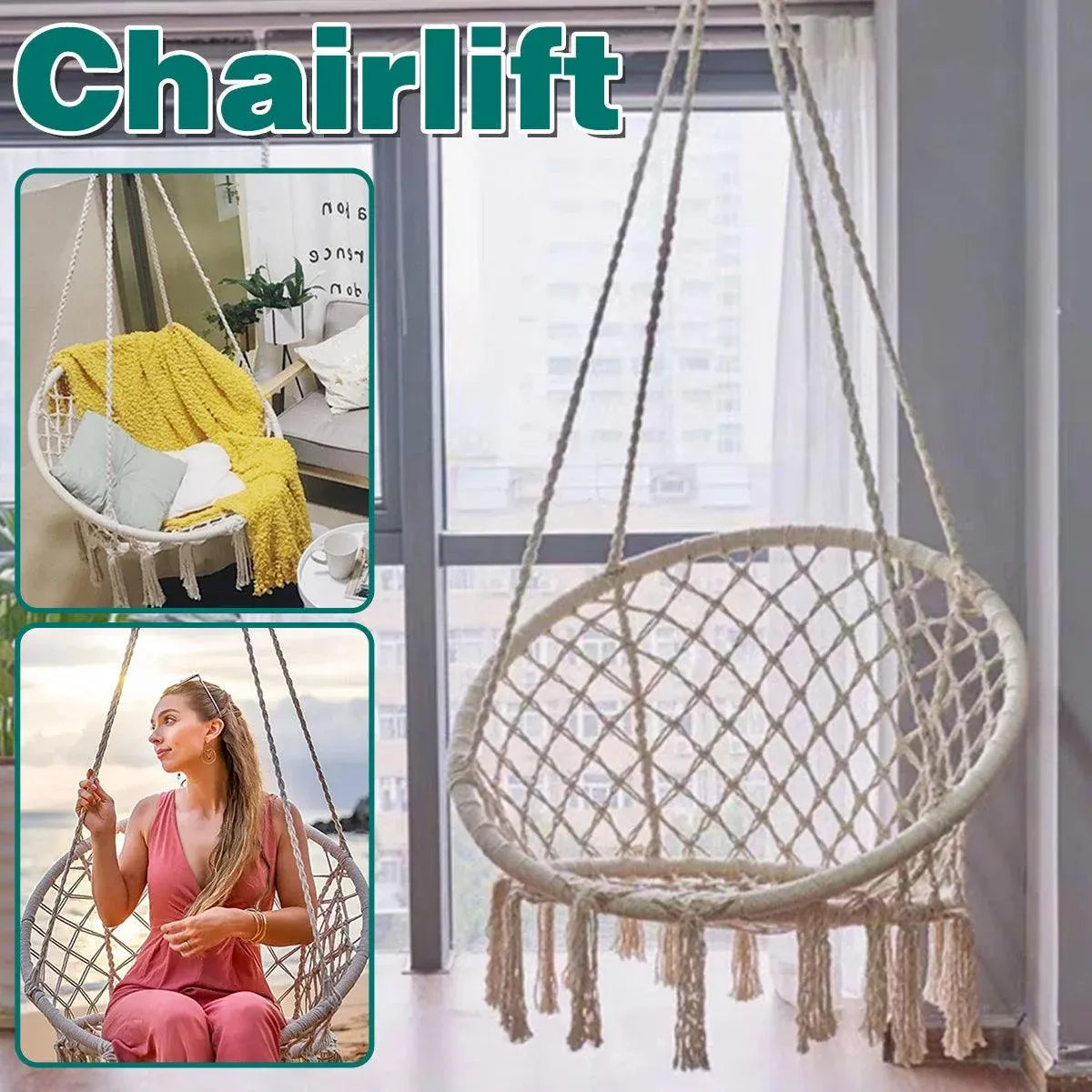 Beige Hanging Chair with Tassels and Two Rings - 1 Piece