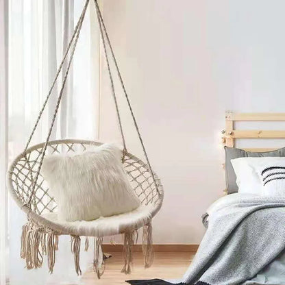 Beige Hanging Chair with Tassels and Two Rings - 1 Piece