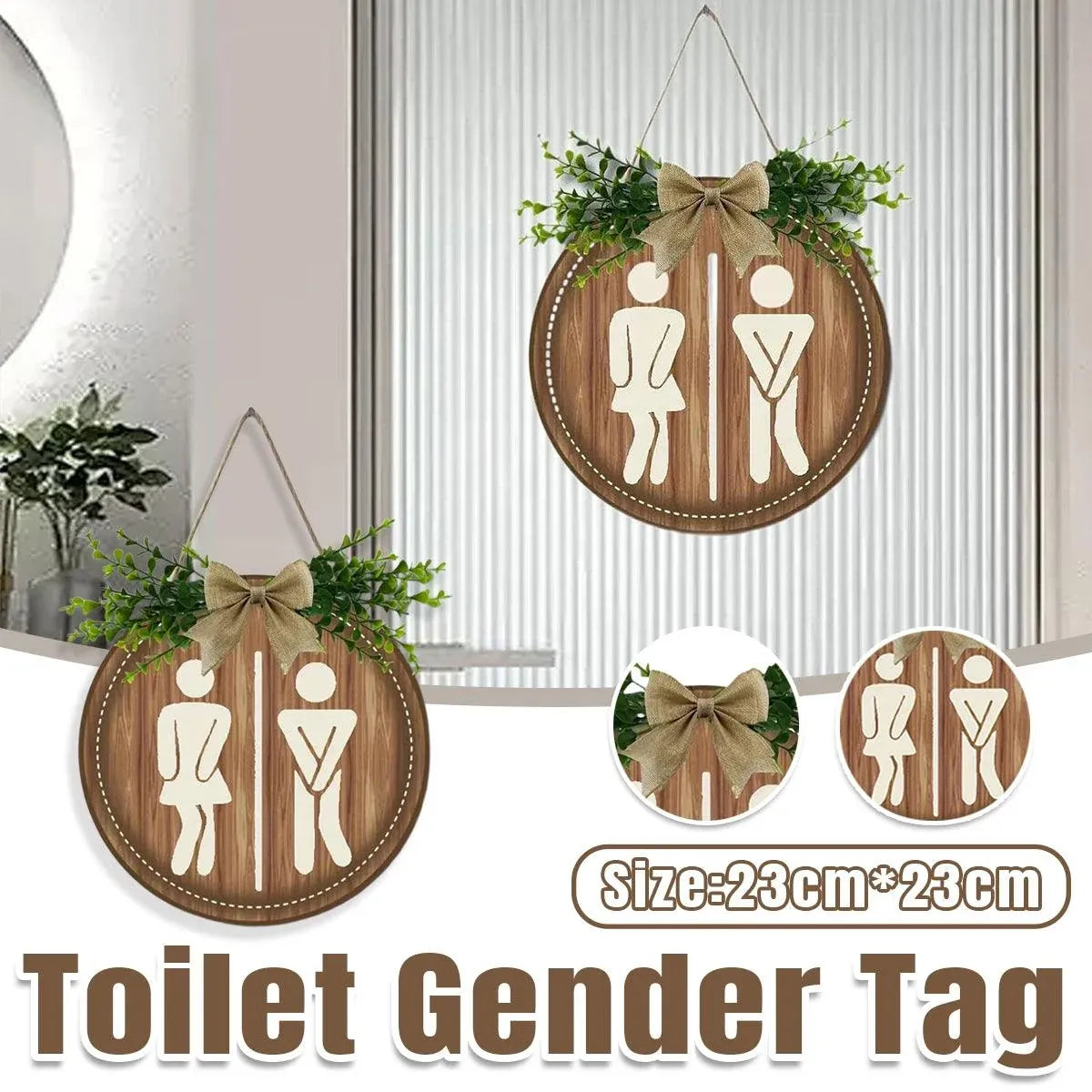 Round Restroom Door Sign with Bow and Greenery 23 x 23 cm - 1 Piece