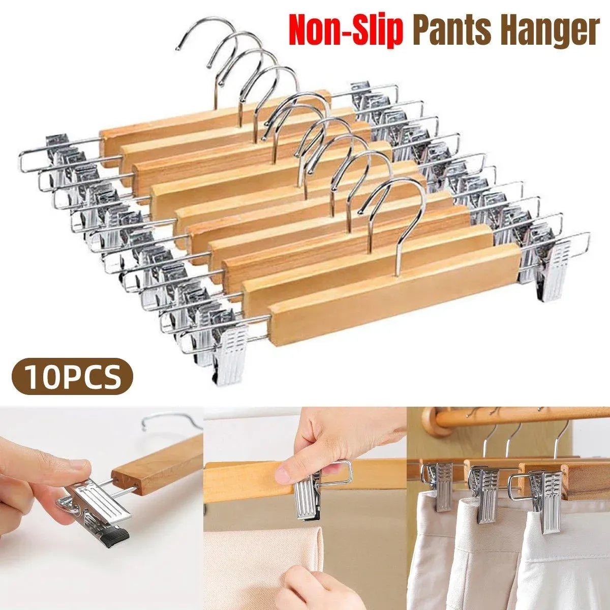 10-Piece Wooden Trouser Hanger Set with Adjustable Clips