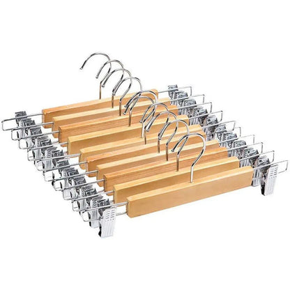 10-Piece Wooden Trouser Hanger Set with Adjustable Clips