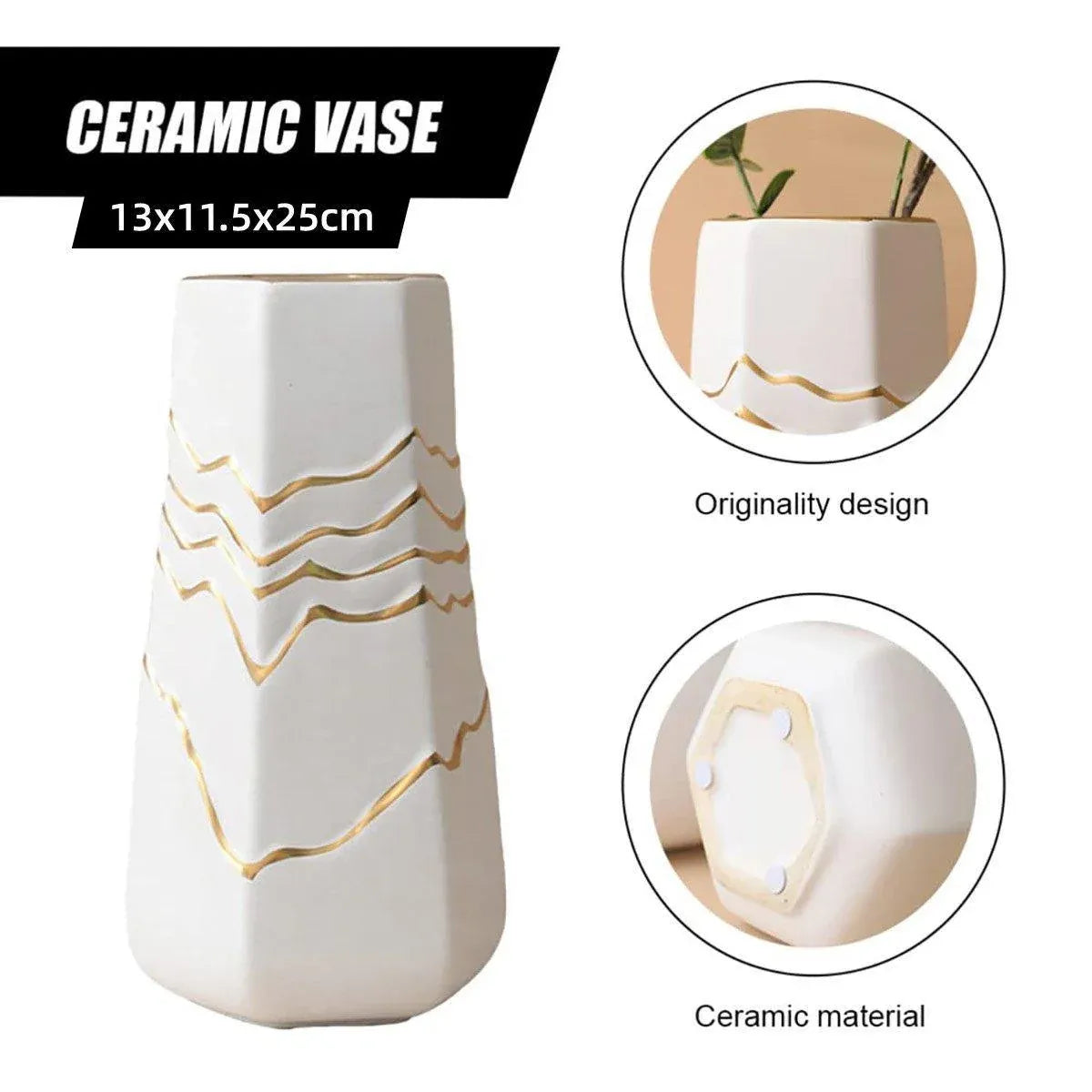 1 White Ceramic Vase with Gold-Coloured Wavy Detail, 13 x 11.5 x 25 cm
