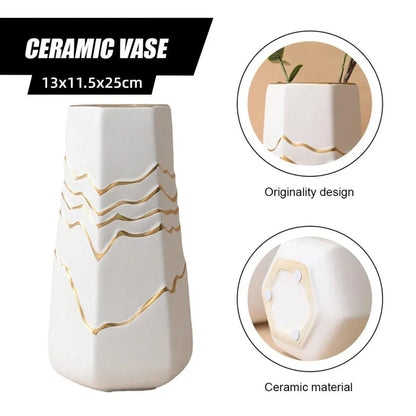 1 White Ceramic Vase with Gold-Coloured Wavy Detail, 13 x 11.5 x 25 cm