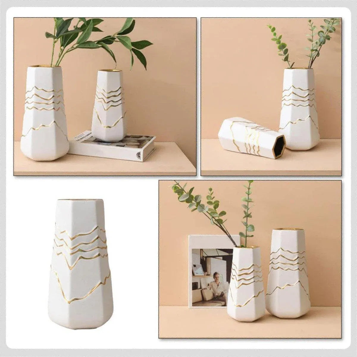 1 White Ceramic Vase with Gold-Coloured Wavy Detail, 13 x 11.5 x 25 cm