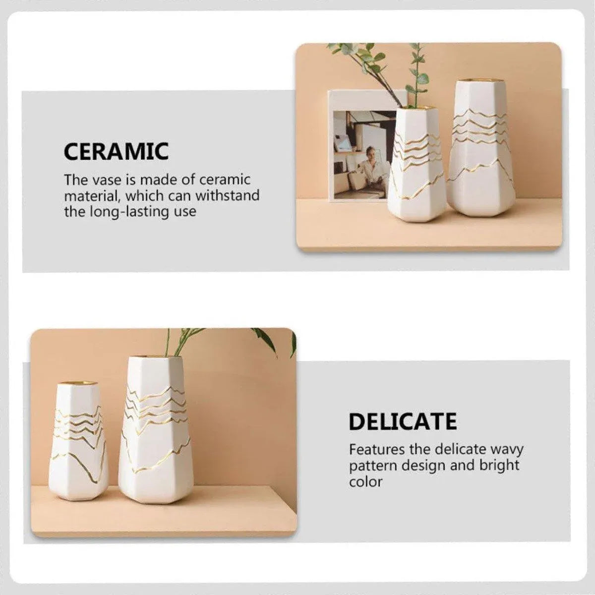 1 White Ceramic Vase with Gold-Coloured Wavy Detail, 13 x 11.5 x 25 cm