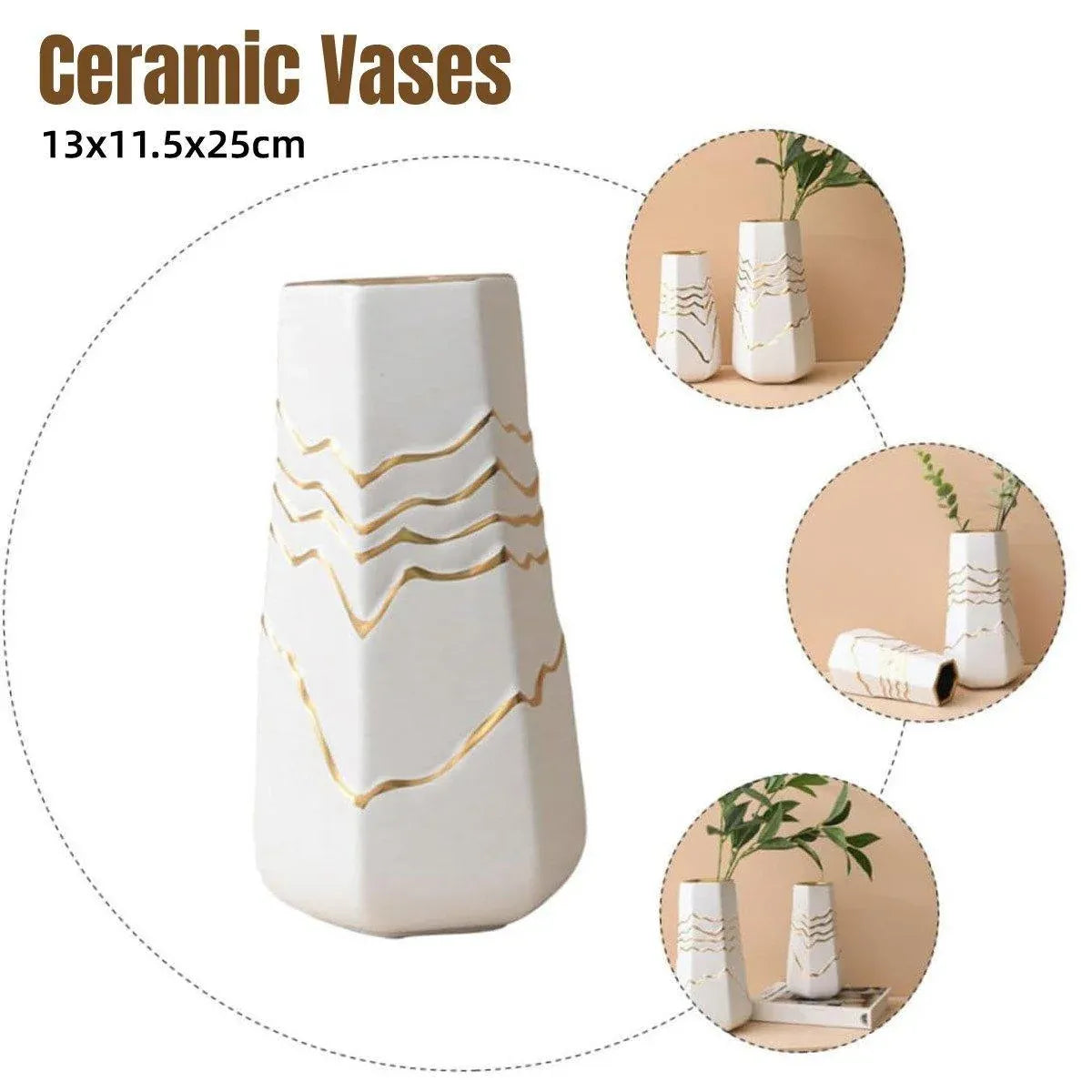 1 White Ceramic Vase with Gold-Coloured Wavy Detail, 13 x 11.5 x 25 cm