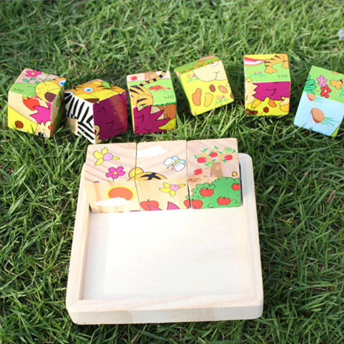 10PCS Wooden 3D Puzzle Blocks Educational Toy Matching Game with Solid Wood Tray