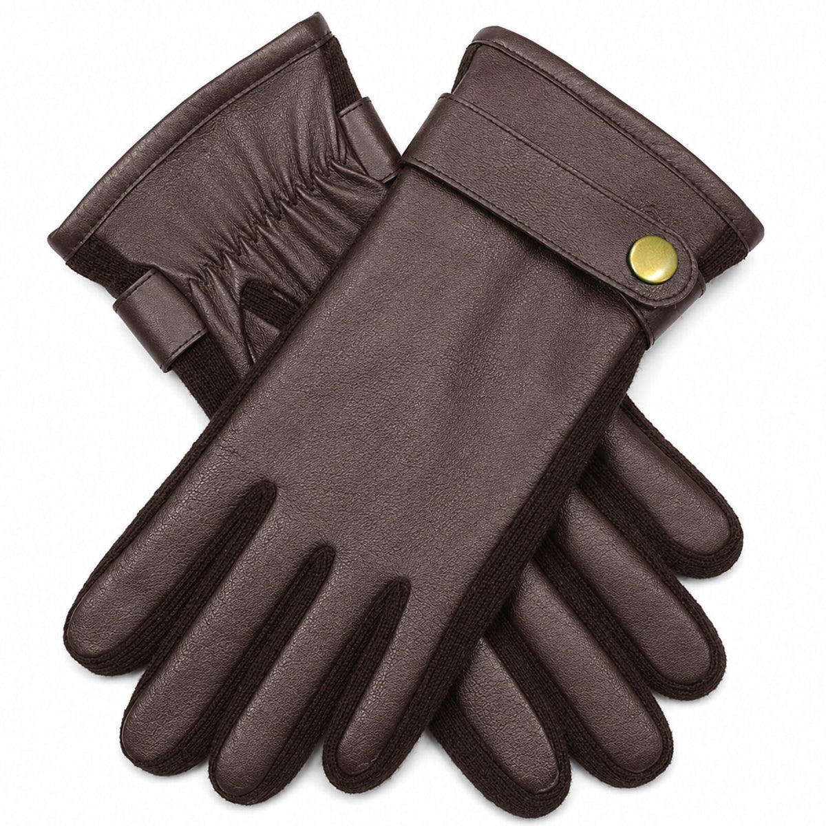 Mens Premium Kangaroo Leather Gloves Strap Stud Fastening Winter Warm - Brown