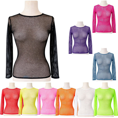 3x Womens Fishnet Mesh Tops Long Sleeve Sheer Stretch Costume - Assorted Pack