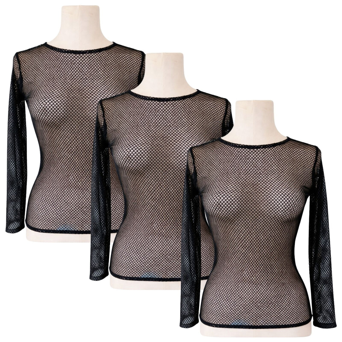 3x Womens Fishnet Mesh Top Long Sleeve Sheer Stretch See Through Costume - Black