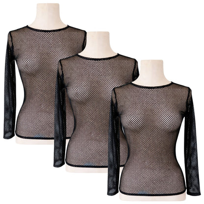 3x Womens Fishnet Mesh Top Long Sleeve Sheer Stretch See Through Costume - Black
