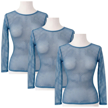 3x Womens Fishnet Mesh Top Long Sleeve Sheer Stretch See Through Costume - Blue