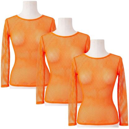 3x Womens Fishnet Mesh Tops Long Sleeve Sheer Stretch See Through - Fluro Orange