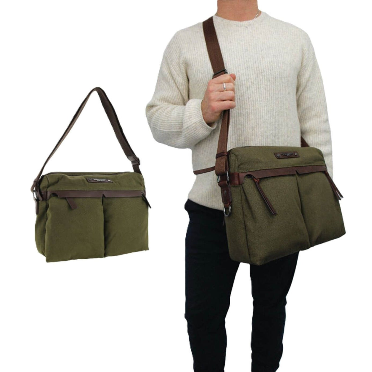 POLICE Wings Canvas Mens Messenger Business Bag w/ Laptop Computer Section in Dark Olive
