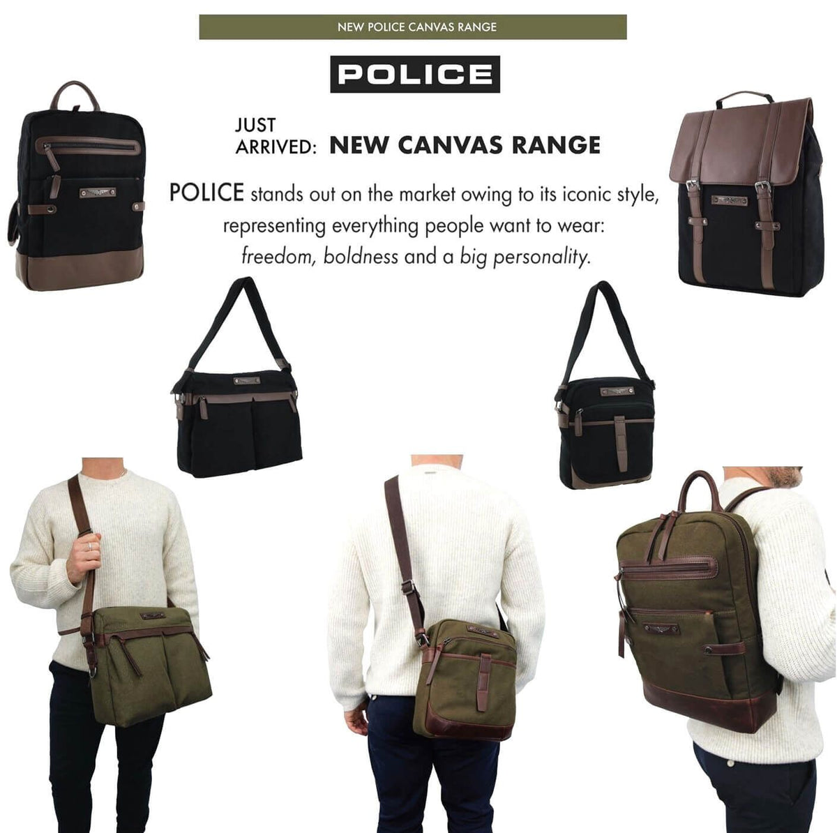 POLICE Wings Canvas Mens Messenger Business Bag w/ Laptop Computer Section in Dark Olive