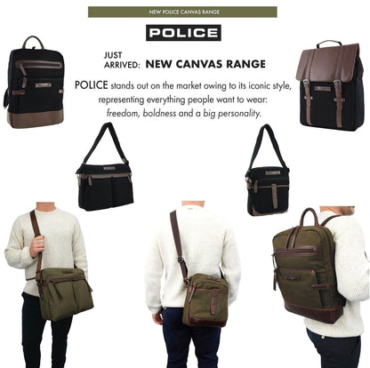 POLICE Wings Canvas Mens Messenger Business Bag w/ Laptop Computer Section in Dark Olive