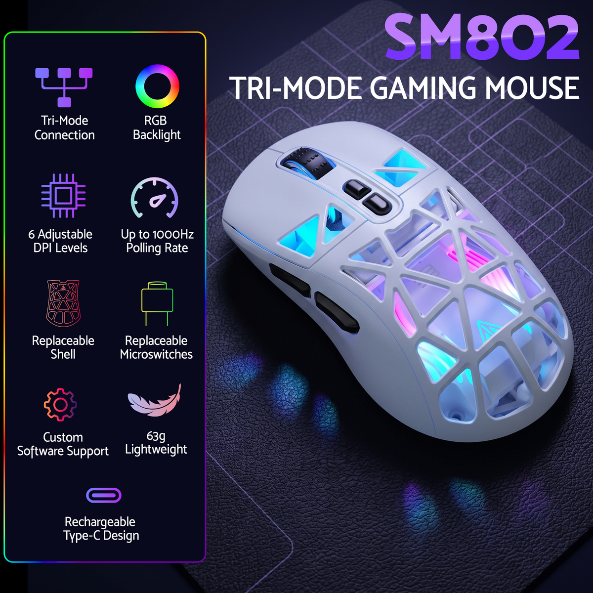 SOLAKAKA SM802 Pro Tri-Mode Gaming Mouse RGB 24000 DPI Hotswap