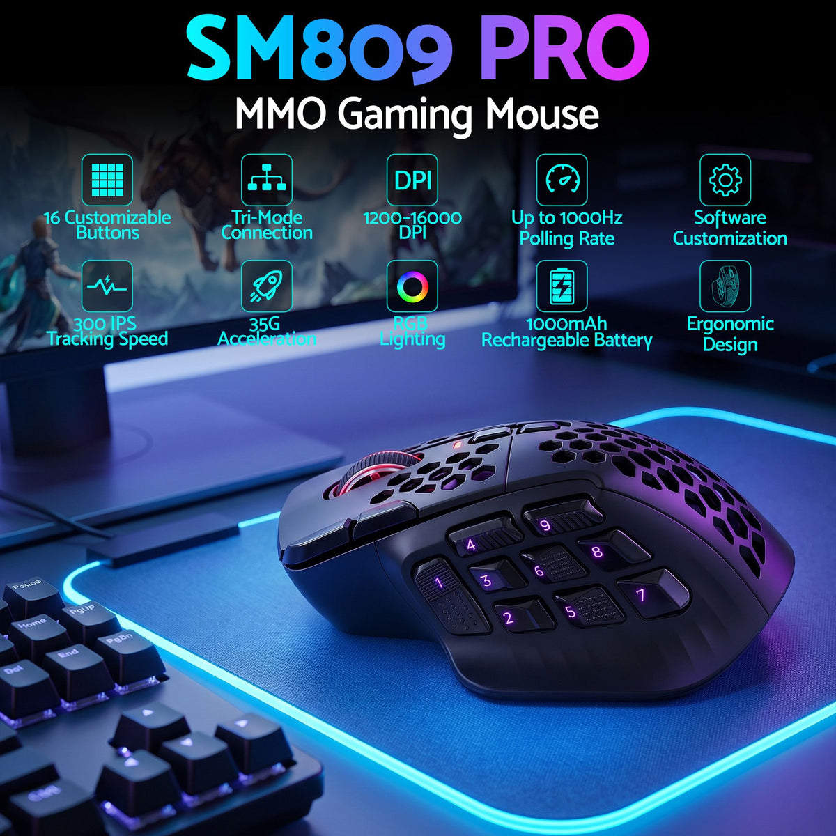 SOLAKAKA Wireless MMO Gaming Mouse 16 Buttons Bluetooth 24000 DPI RGB