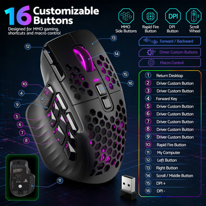 SOLAKAKA Wireless MMO Gaming Mouse 16 Buttons Bluetooth 24000 DPI RGB