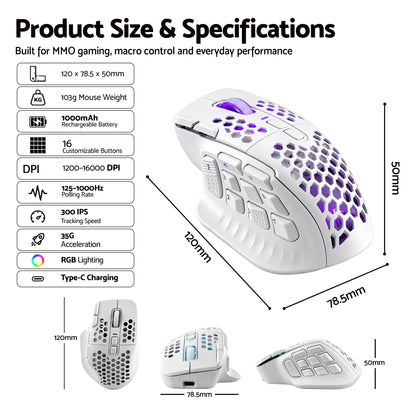 SOLAKAKA Wireless MMO Gaming Mouse 16 Buttons Bluetooth 24000 DPI RGB