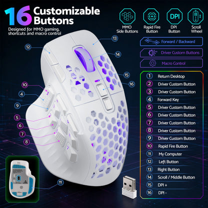 SOLAKAKA Wireless MMO Gaming Mouse 16 Buttons Bluetooth 24000 DPI RGB