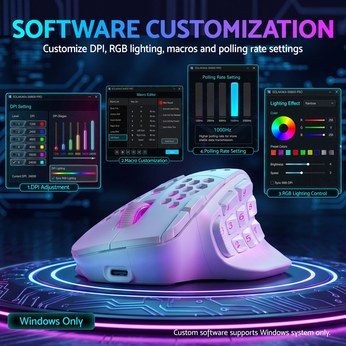 SOLAKAKA Wireless MMO Gaming Mouse 16 Buttons Bluetooth 24000 DPI RGB