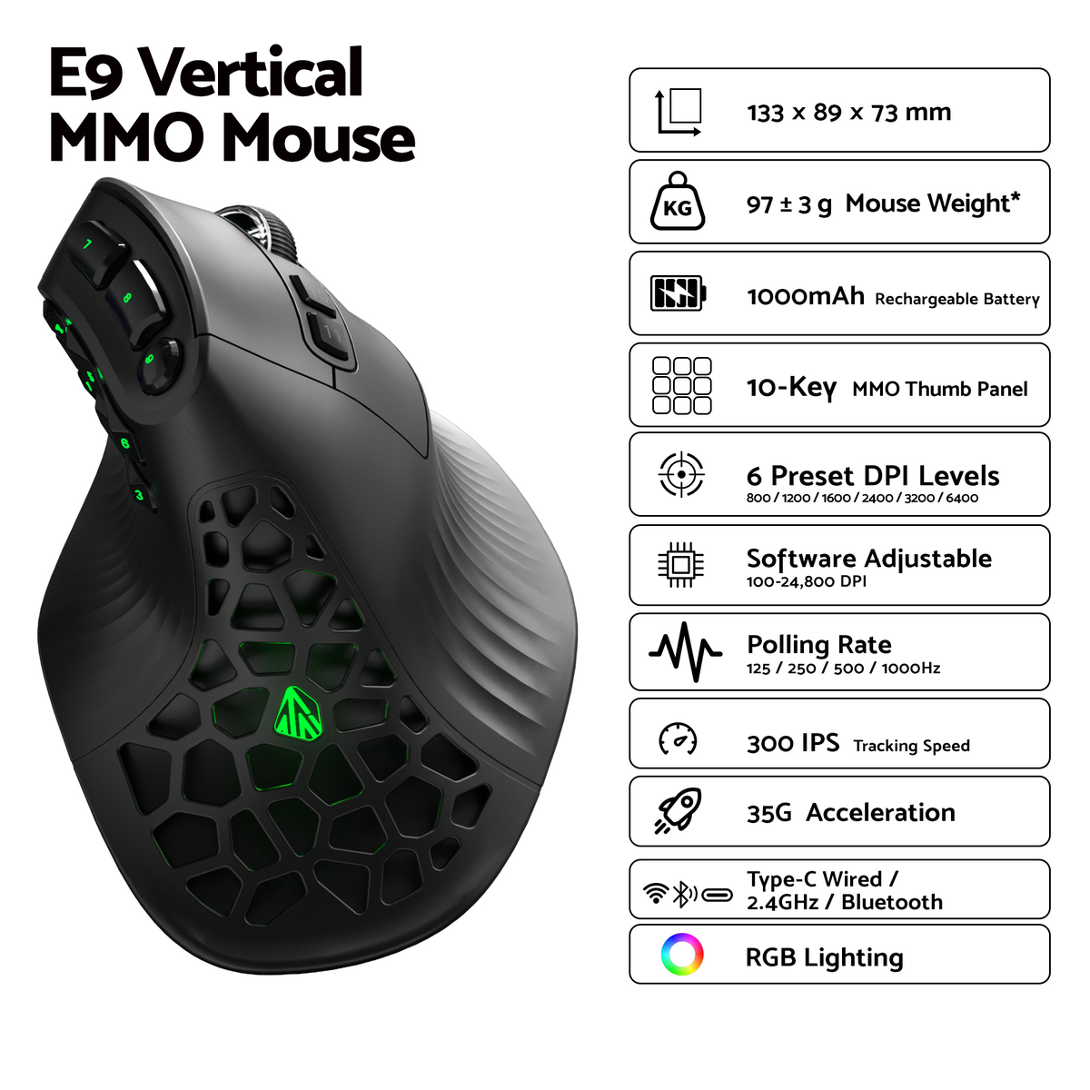 SOLAKAKA E9 Vertical MMO Gaming Mouse Tri-Mode 36000 DPI Ergonomic