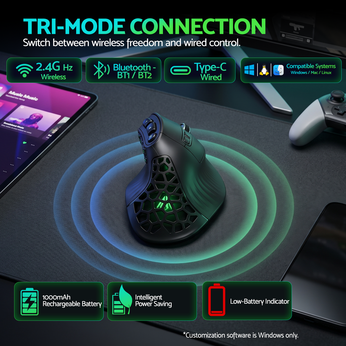 SOLAKAKA E9 Vertical MMO Gaming Mouse Tri-Mode 36000 DPI Ergonomic