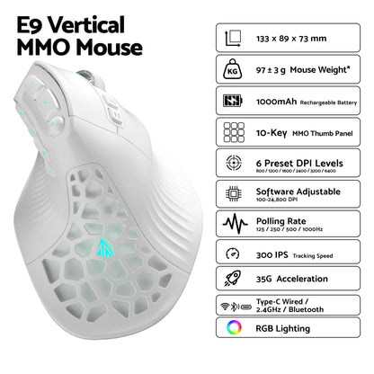 SOLAKAKA E9 Vertical MMO Gaming Mouse Tri-Mode 36000 DPI Ergonomic