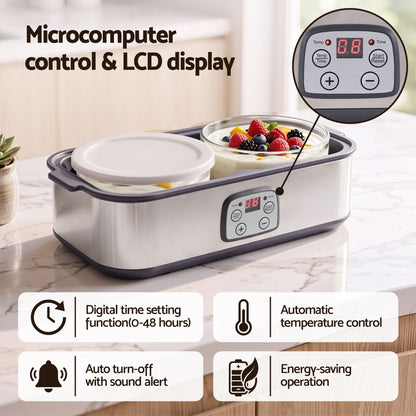 Devanti Greek Yoghurt Maker Machine 2x960ml Large Tubs Temp Control Grey